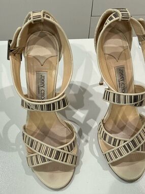 Jimmy Choo Cream and Brown Striped Ankle-Strap Heels stiletto size 10.5-11 (41)